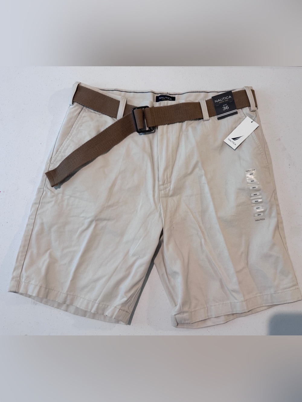 NWT Nautica Light Khaki Shorts with Brown Web Belt 100% Cotton Size 36